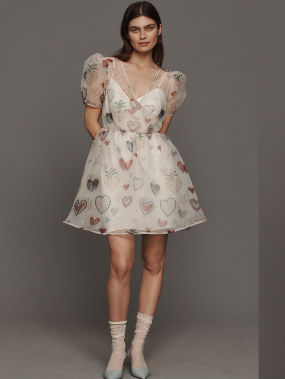 New Anthropologie x Farm Rio Semi-Sheer Puff-Sleeve Mini Dress White Sz XS